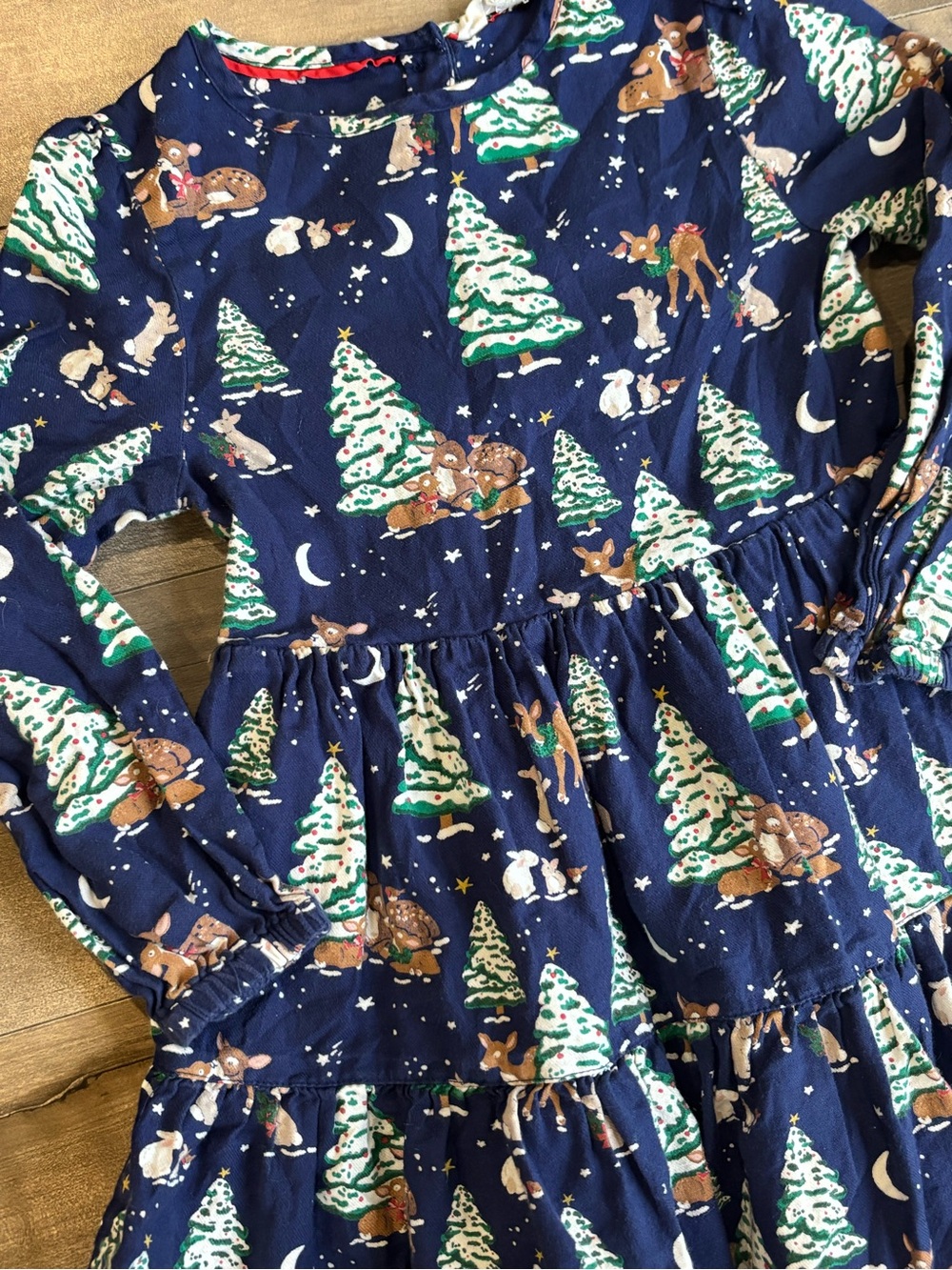 Mini Boden Navy Winter Woodland Christmas Tree Tiered Dress 5-6Y
